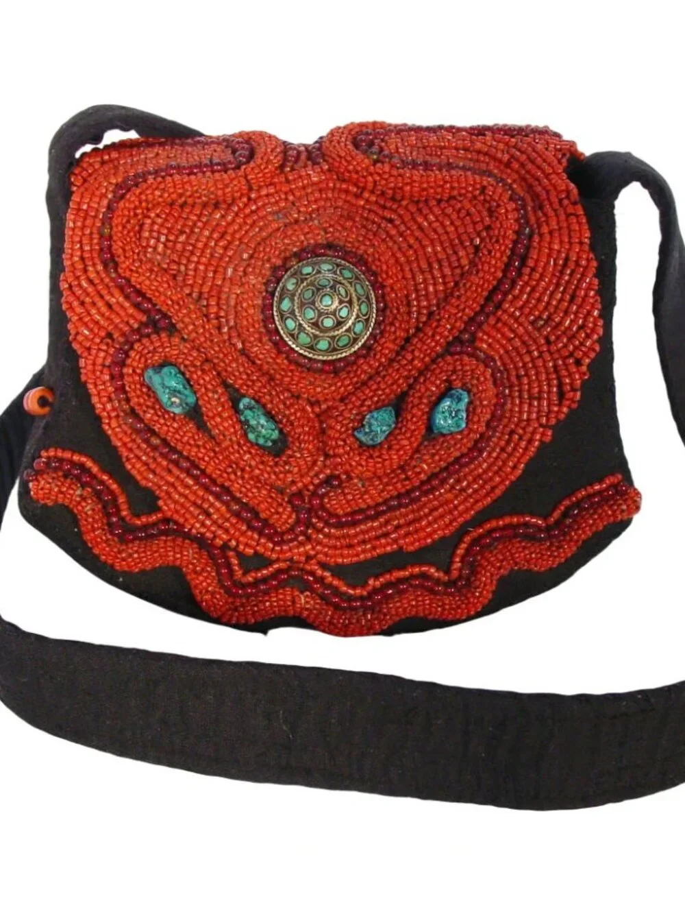 TURQUOISE and CORAL Vintage Handmade Beaded Crossbody Bag - OOAK - Picture 3 of 10